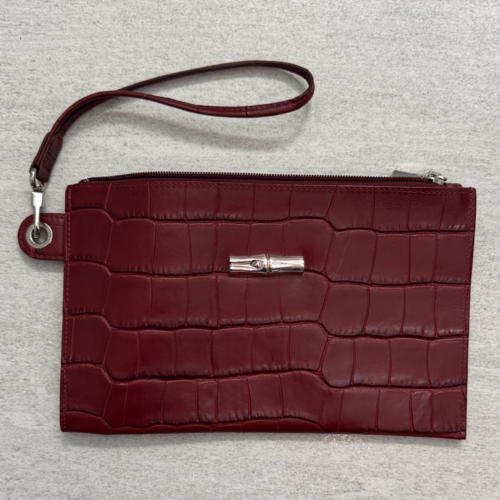 Longchamp Paris Red Croc Embossed Leather Wristlet Clutch Bag NWOT w/dust bag